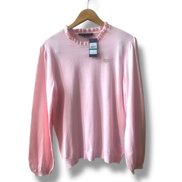 Tommy Hilfiger Rhinestone Heart Pink Sweater Sz L Pink Ruffle Collar NWT - Picture 1 of 8
